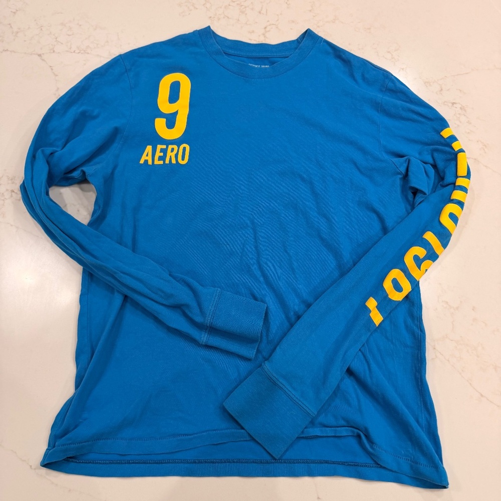 Y2K Aeropostale Men’s Blue Graphic Long Sleeve Tee Logo Shirt Size M